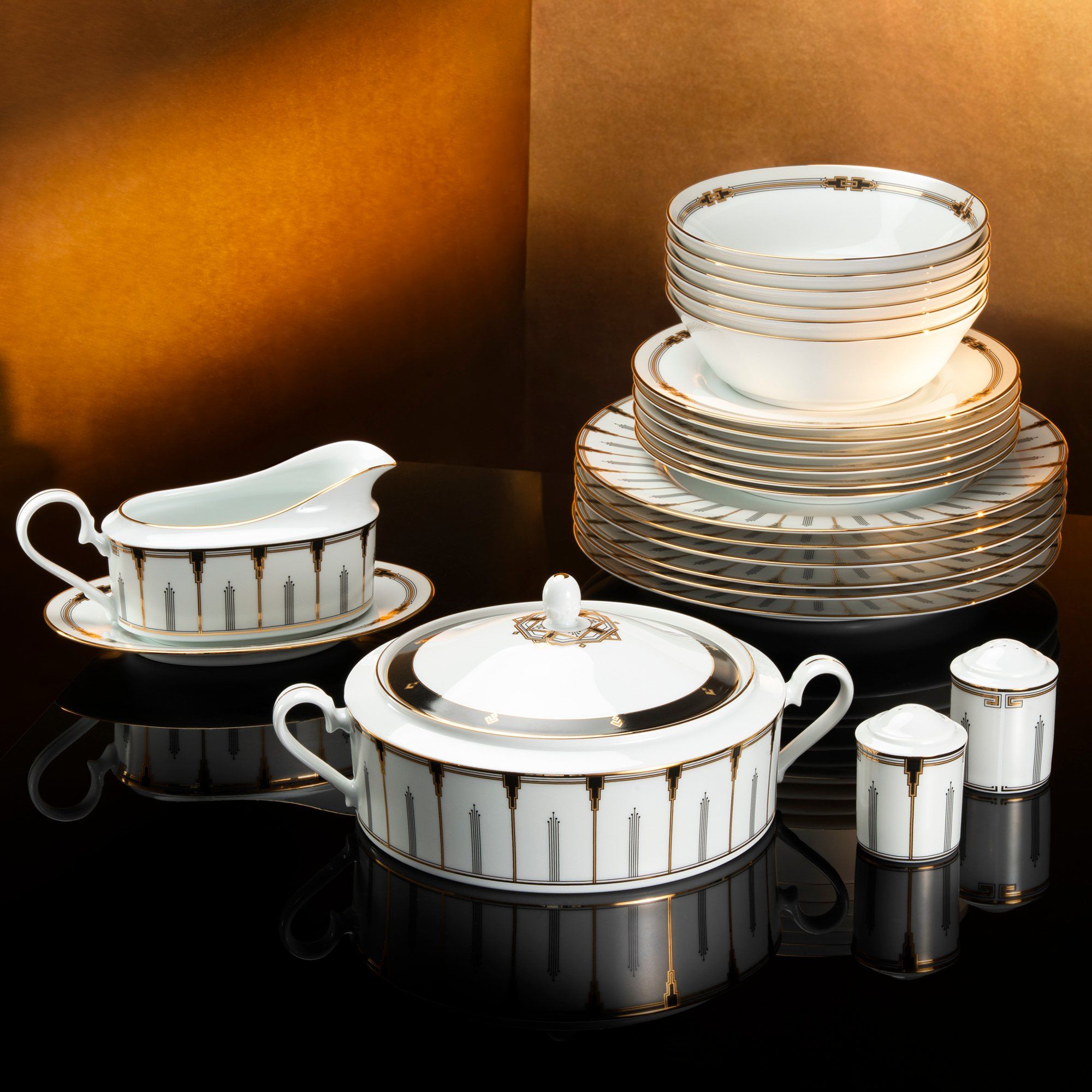 Bộ đĩa ăn sứ trắng viền vàng 18K 22 món (cho 6 người) | Empire Gold 1786L - D024AM